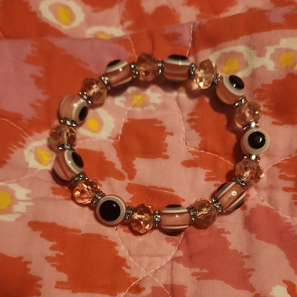 Pink Beaded Stretch Bracelet with Eye Accent - Unbranded
